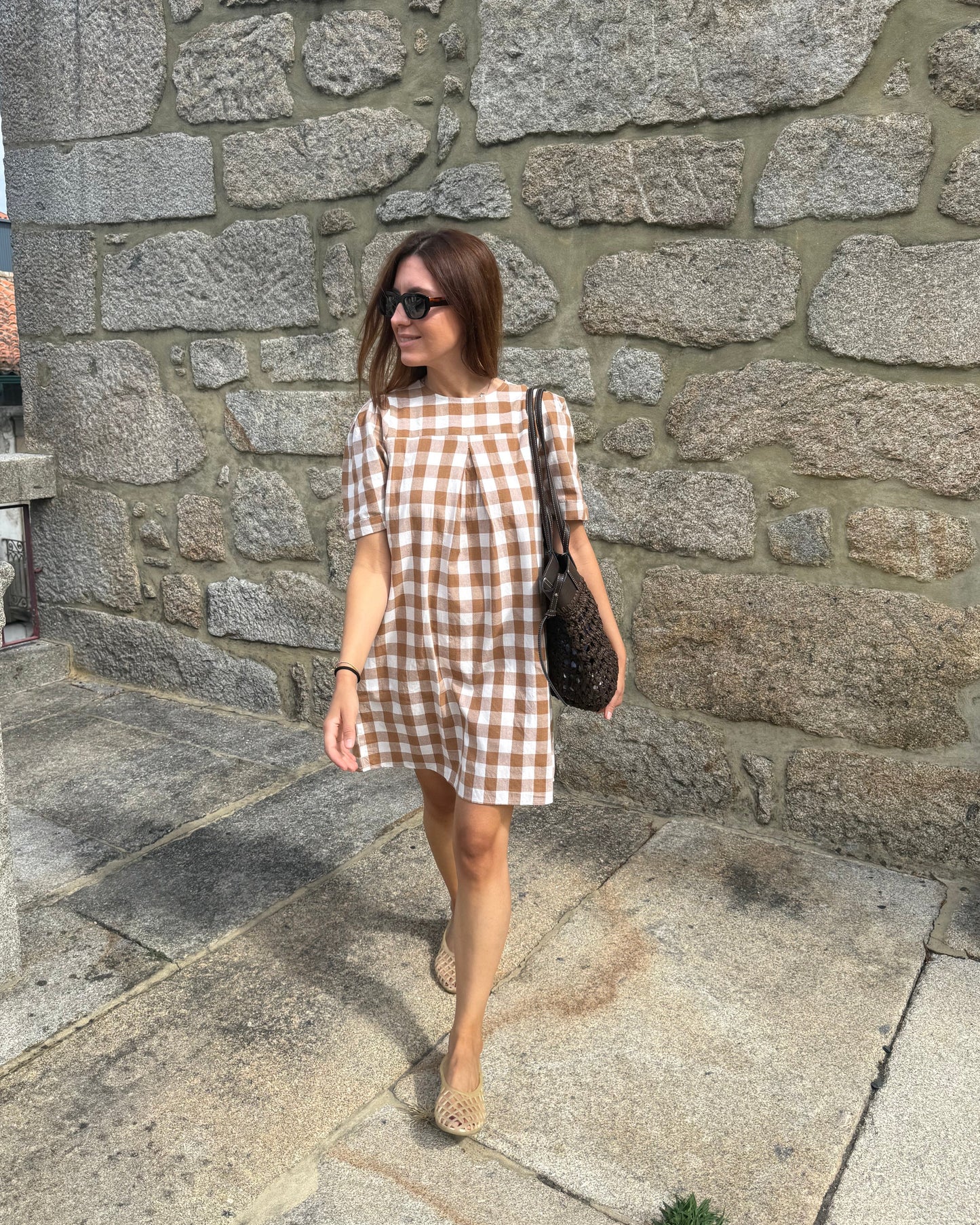 Vestido Mónaco - Quadrados Castanho-Creme