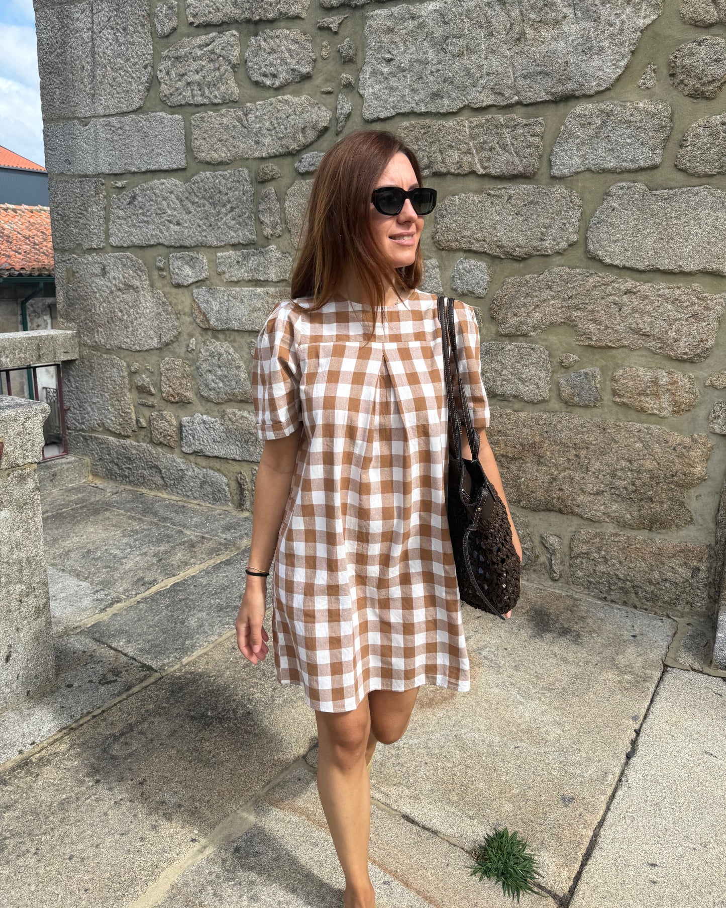 Vestido Mónaco - Quadrados Castanho-Creme