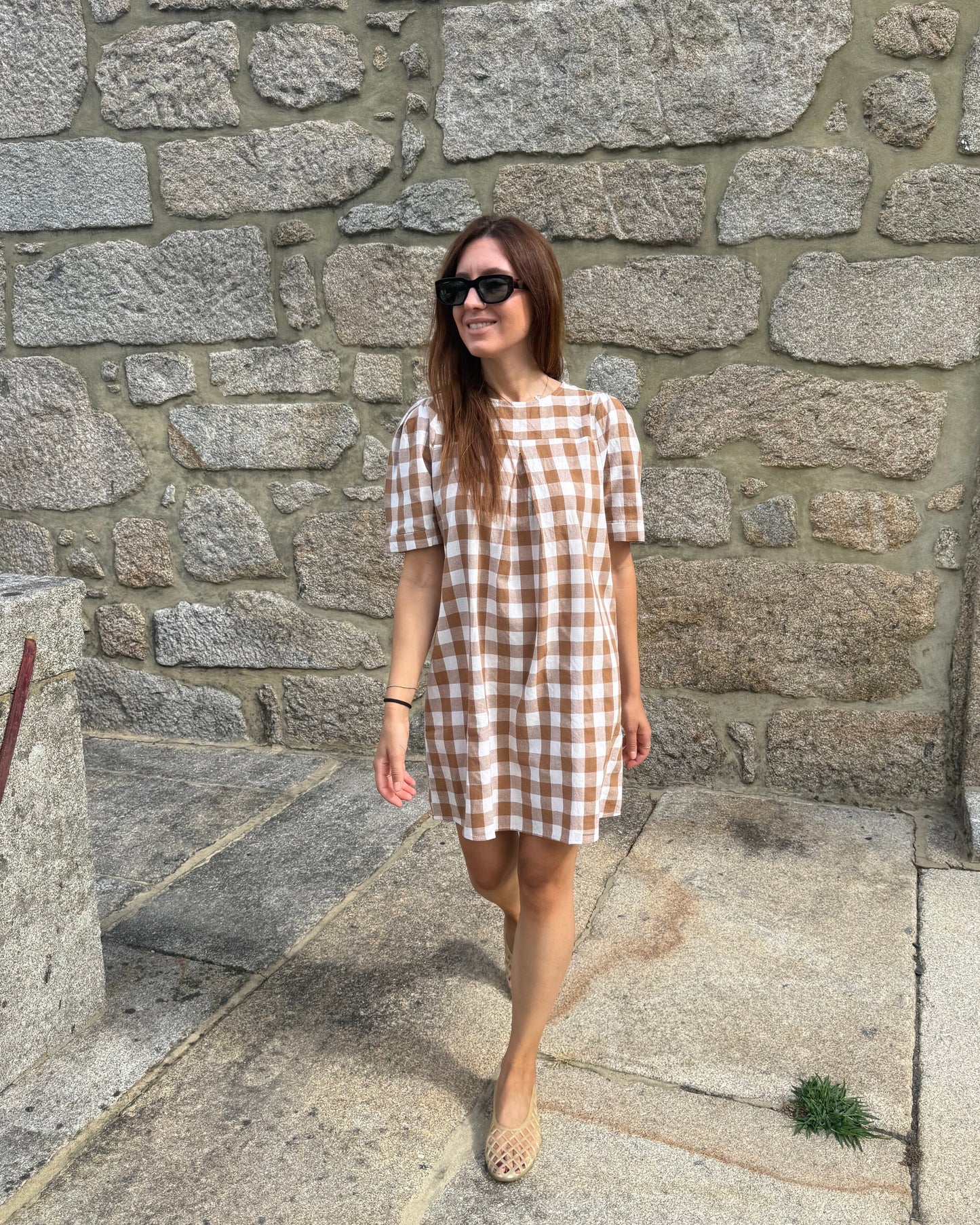 Vestido Mónaco - Quadrados Castanho-Creme