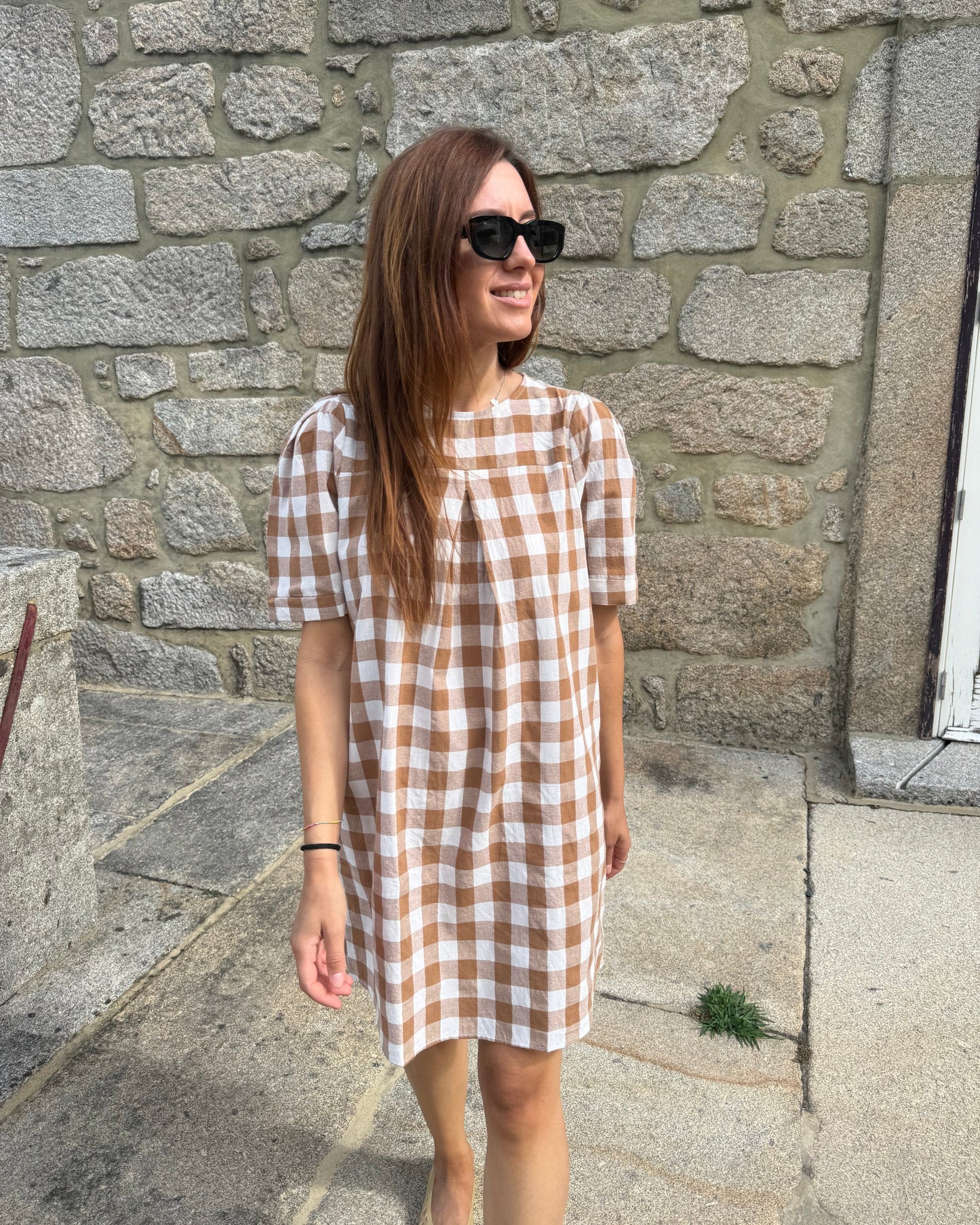 Vestido Mónaco - Quadrados Castanho-Creme